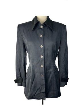 MIEKA Vintage Black Longline Blazer Jacket Size 10 Silver Crest Button Shacket